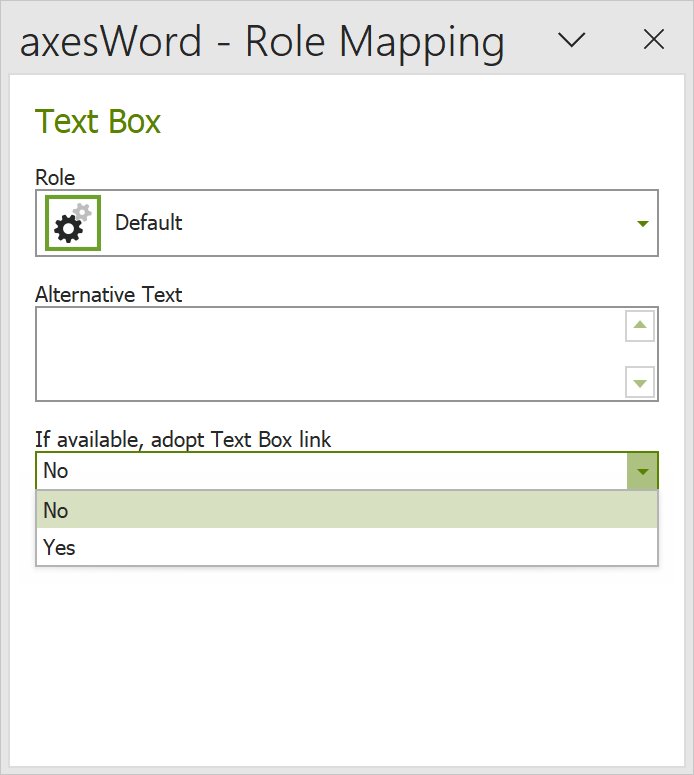 task pane 'axesWord-Rolemapping' of a text box; drop-down menu to adopt link in PDF is open