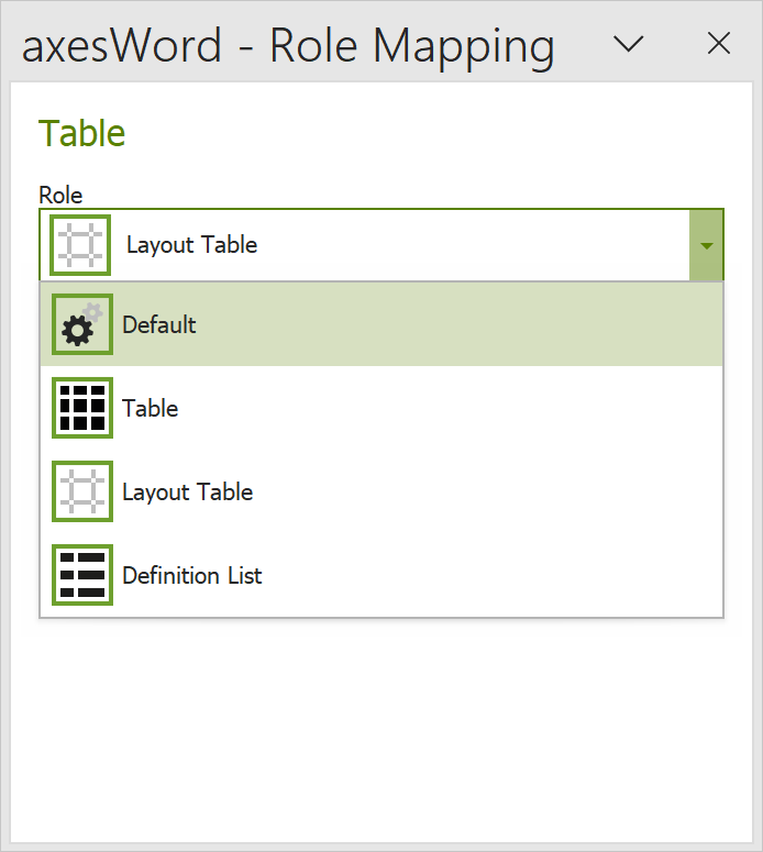 task pane 'axesWord-Rolemapping' of a table; drop-down menu is open