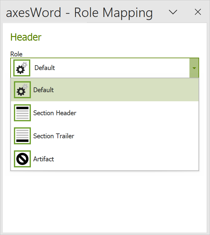 task pane 'axesWord-Rolemapping' of a header; drop-down menu is open