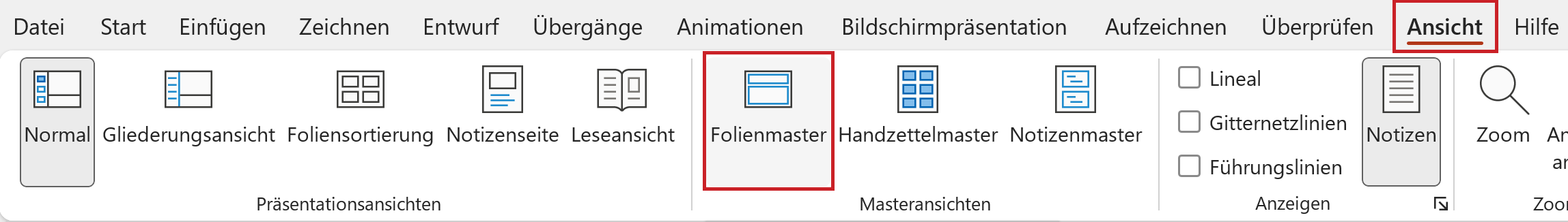 Bildschirmfoto: Registerkarte 'Ansicht' mit hervorgehobener Schaltfläche 'Folienmaster'.