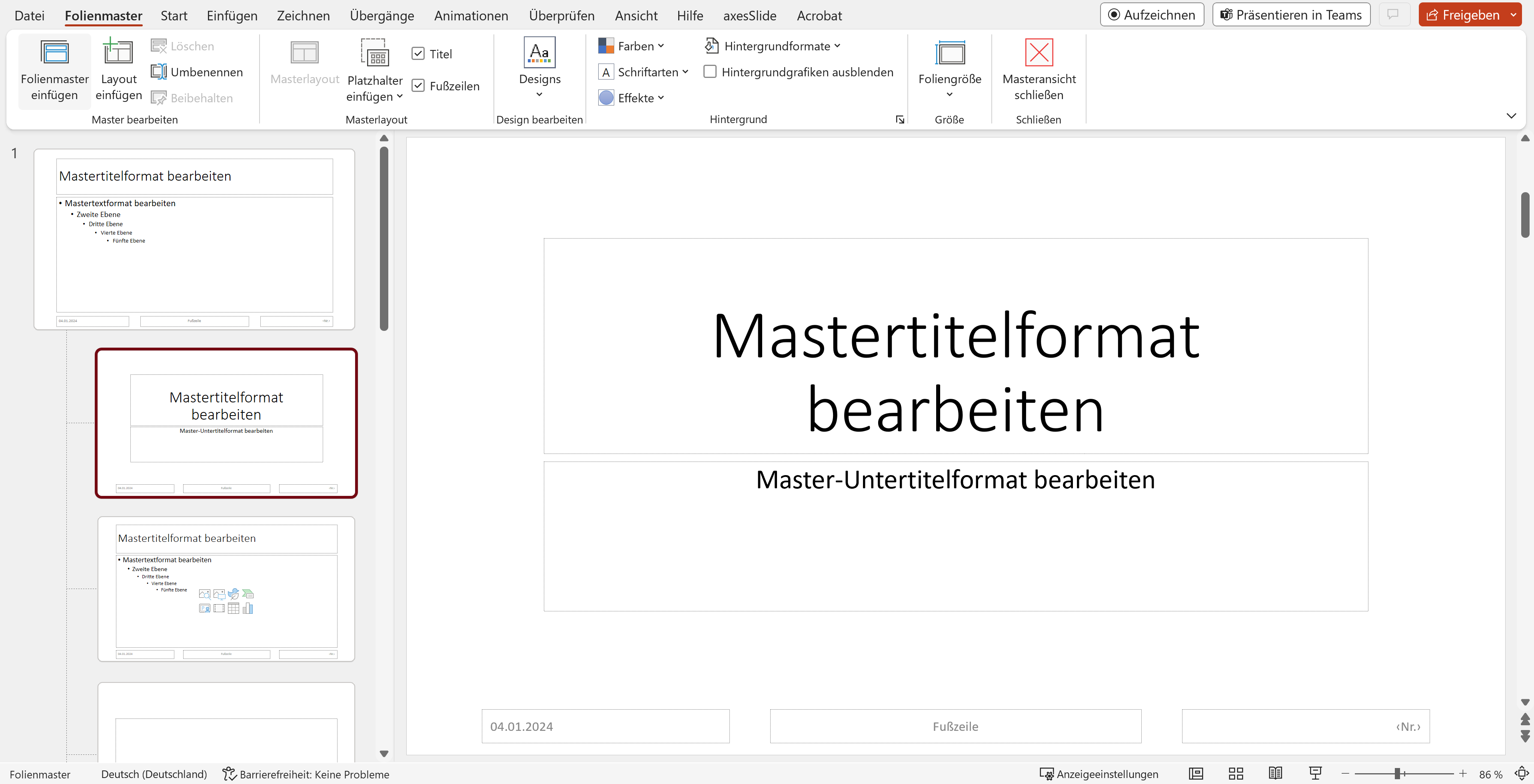 Bildschirmfoto: Folienmaster-Ansicht. In der Navigation ist ein Folienmaster mit mehreren Layouts. Ein Layout mit mehreren Platzhaltern für Titel, Untertitel und Fußzeile ist geöffnet.