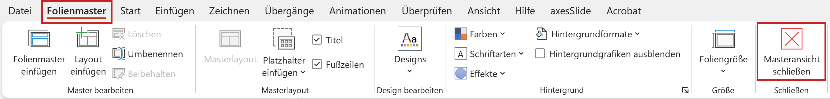 Bildschirmfoto: Registerkarte 'Folienmaster' mit hervorgehobener Schaltfläche 'Masteransicht schließen'.