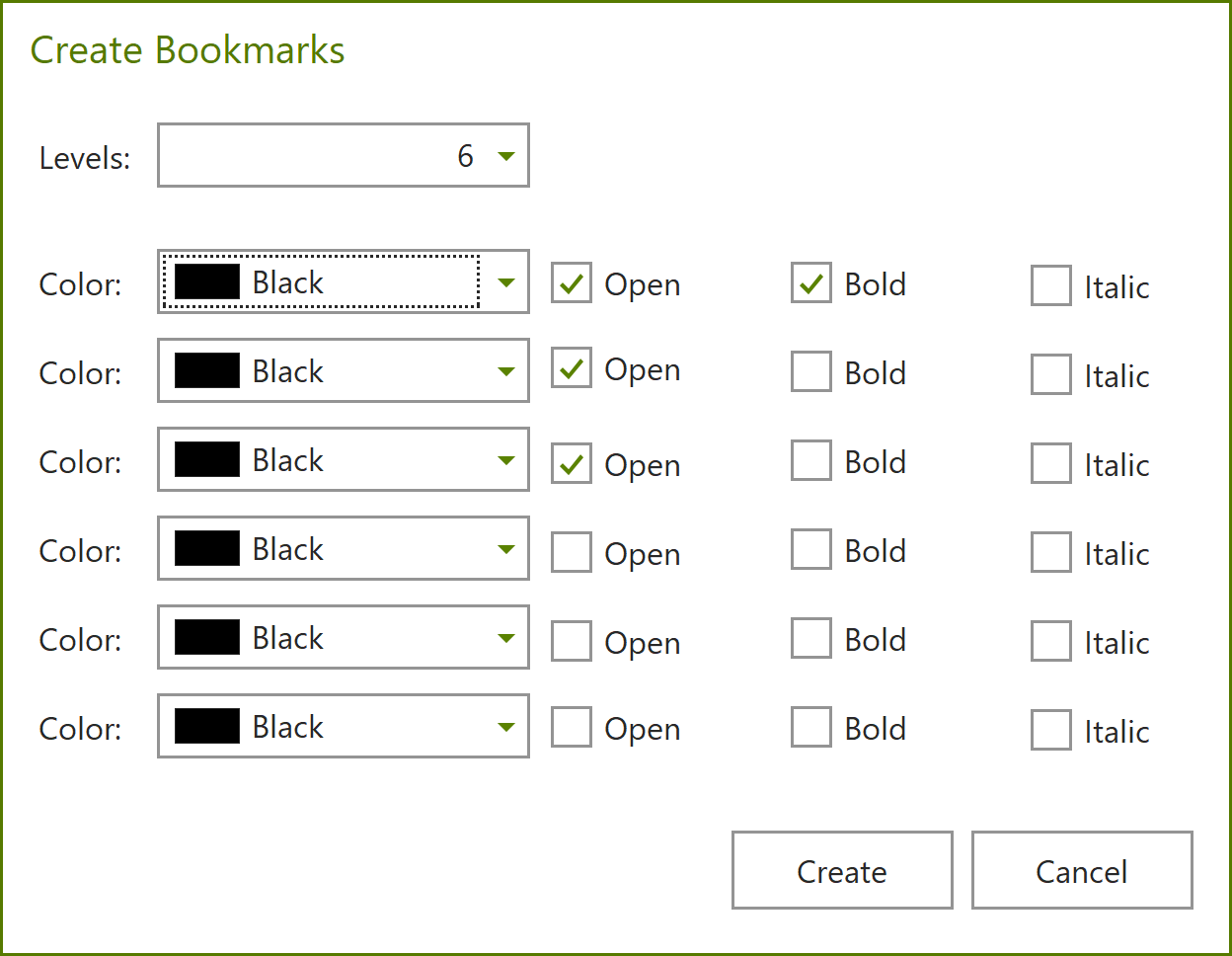 Dialogue box: Create Bookmarks
