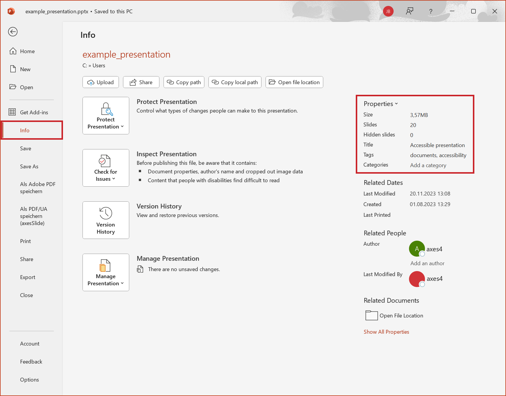 Screenshot: Dialog box 'Info'