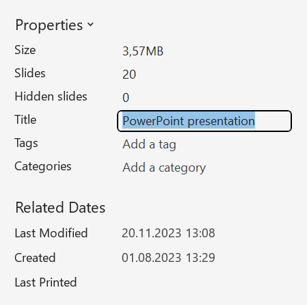 Screenshot: Section of 'Properties' in the dialog box 'Info'. The text field 'Title' is being edited.