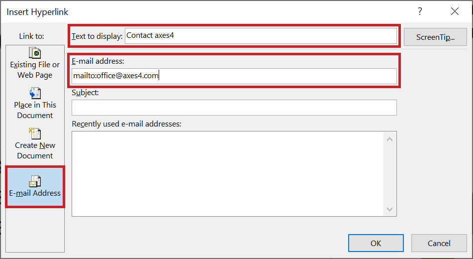 Screenshot: 'Insert Hyperlink' dialog box. 'E-mail Address' is selected. In the text field 'Text to display' is the text 'Contact axes4'. The text field 'E-mail address' contains 'mailto:office@axes4.com'.