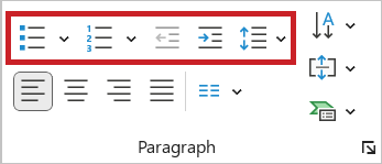 Screenshot: 'Paragraph' function group. The four list tools are highlighted.