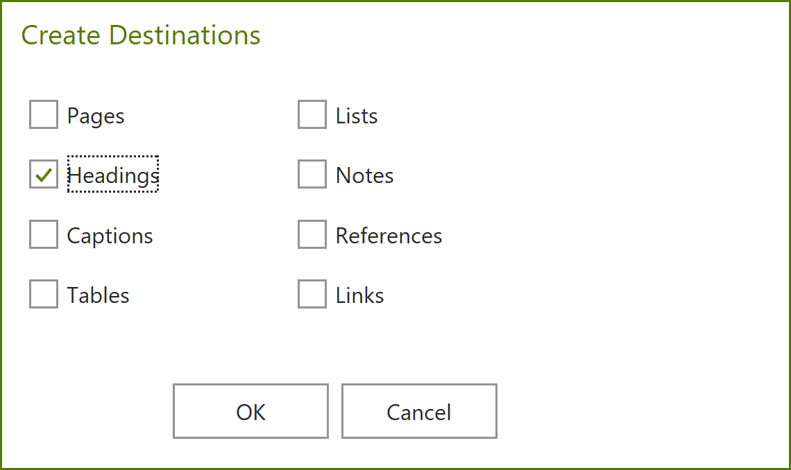 Dialog box: Create Destinations