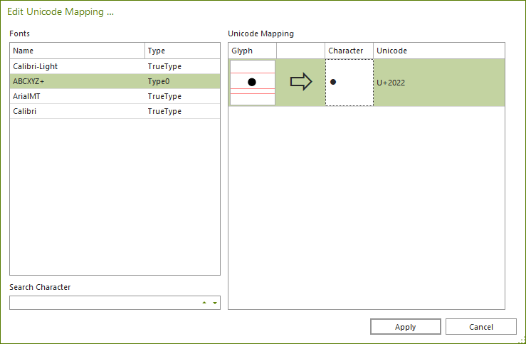 Dialogue box: Edit Uniocode Mapping; Bullet entered