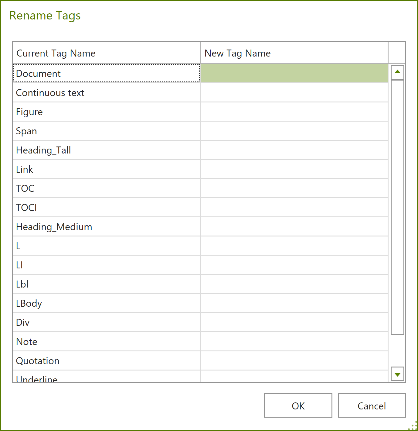 Dialogue box: Rename Tags