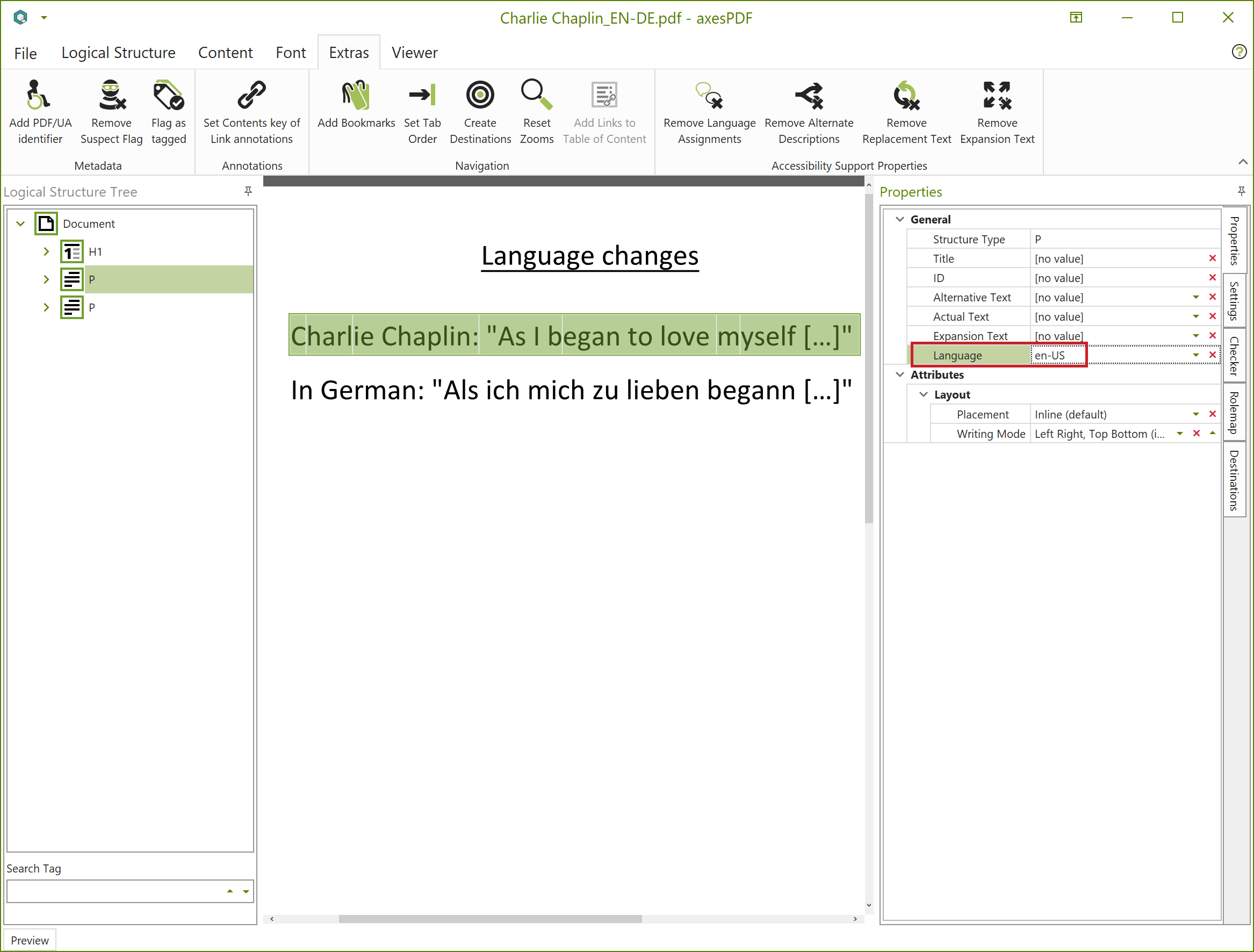Task pane: Properties - Language setting on P-Tag