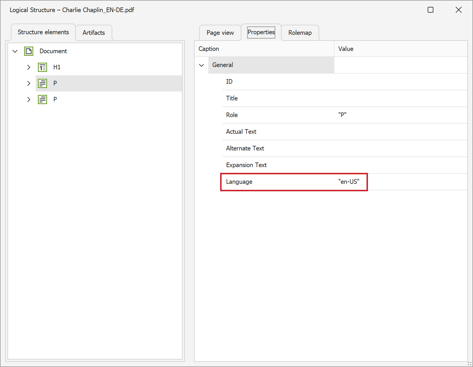 PAC-Properties: Language setting on P-Tag