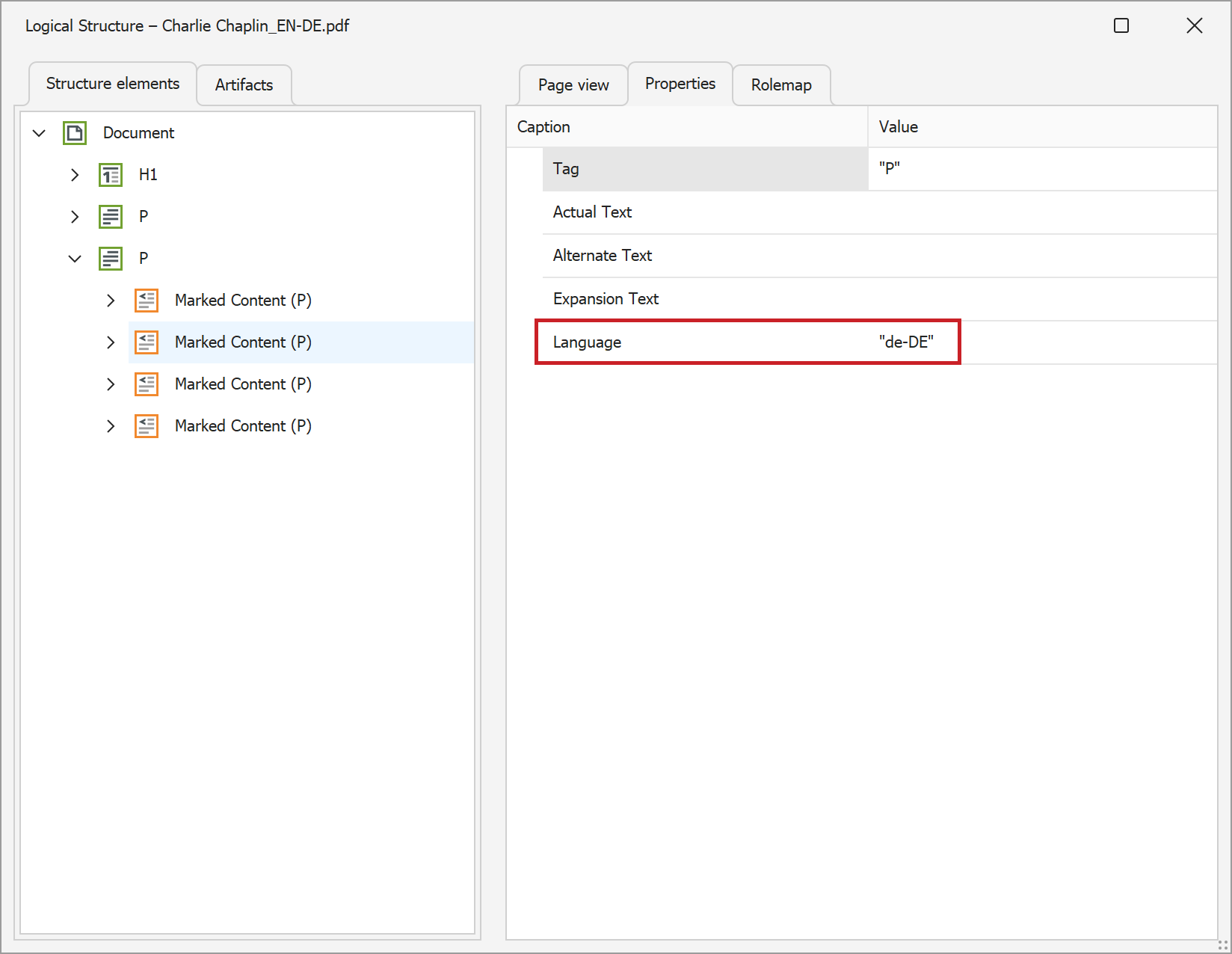 PAC-Properties: Language setting on content element