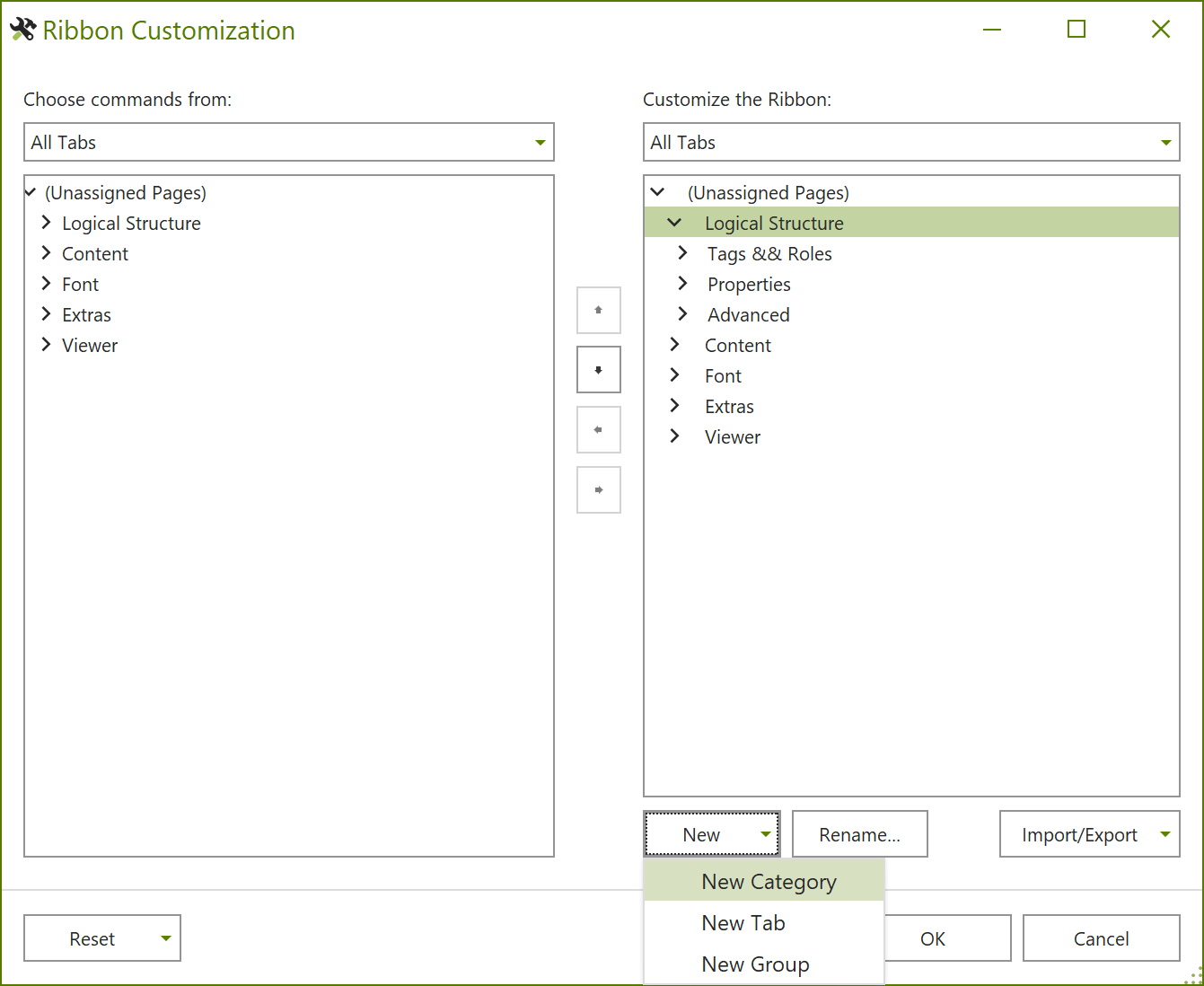 Dialogue box: Customize Ribbon; New Category selected