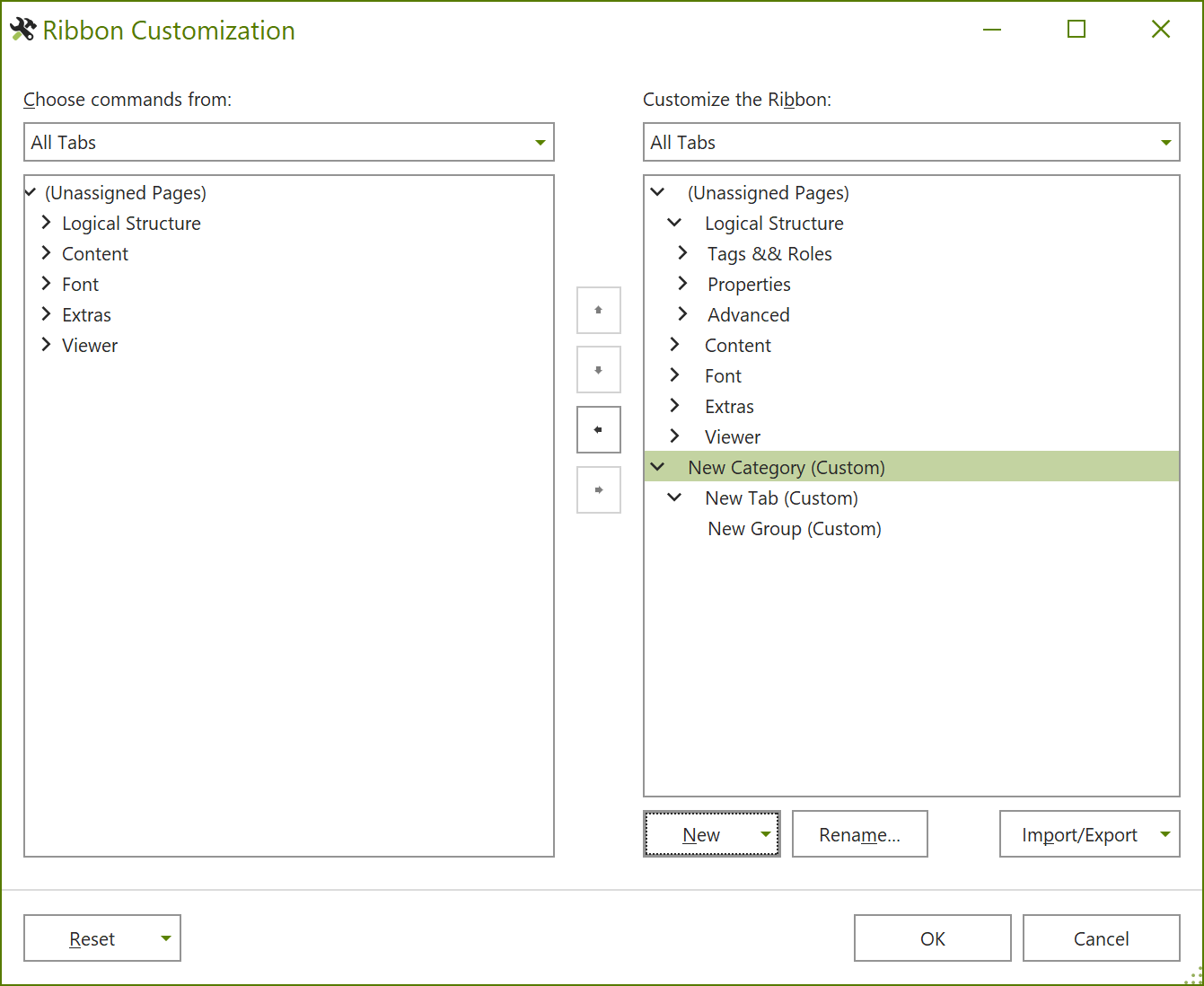 Dialogue box: Customize Ribbon; New category created