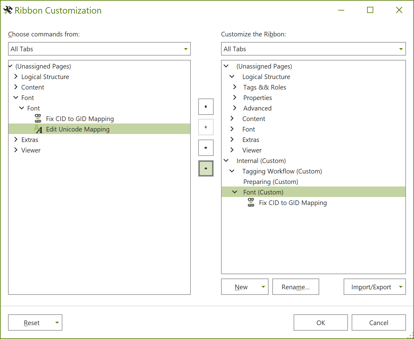 Dialogue box: Customize Ribbon; tool 'Unicode mapping' selected to be moved to customized ribbon