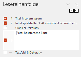 Bildschirmfoto: Bereich 'Lesereihenfolge'. Der Eintrag einer Grafik ist ausgewählt und ein Textfeld zur Bearbeitung des Alternativtextes ist eingeblendet.
