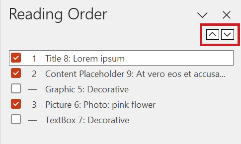 Screenshot: 'Reading Order' pane. Two buttons with arrows pointing up and down are highlighted. The entries of five slide elements are displayed, each with an activated or deactivated checkbox in front of it. The title (activated) is at the top, followed by a content placeholder with text (activated), a decorative graphic (deactivated), a graphic with the displayed alternative text 'Photo: pink flower' (activated) and a decorative text box (deactivated).