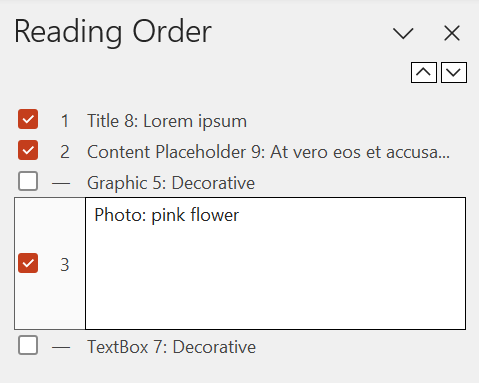 Screenshot: 'Reading Order' pane. The entry of a graphic is selected and a text field for editing the alt text is displayed.