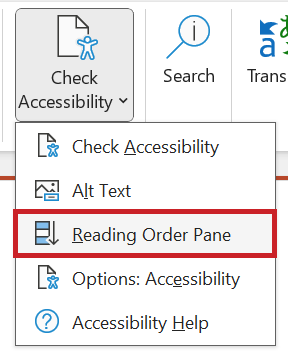 Screenshot: Open menu of the 'Check Accessibility' button. The menu item 'Reading Order Pane' is highlighted.