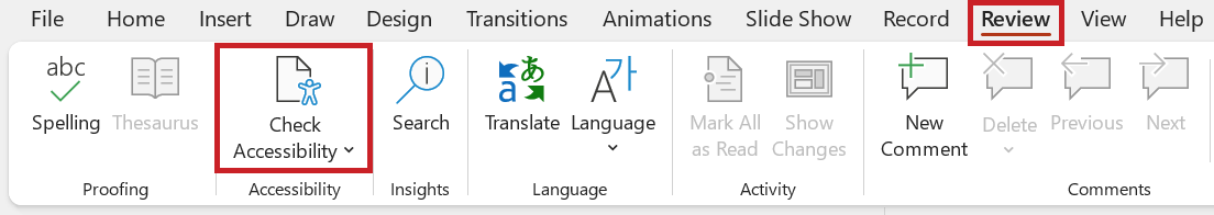 Screenshot: The 'Review' tab with the 'Check Accessibility' button highlighted.