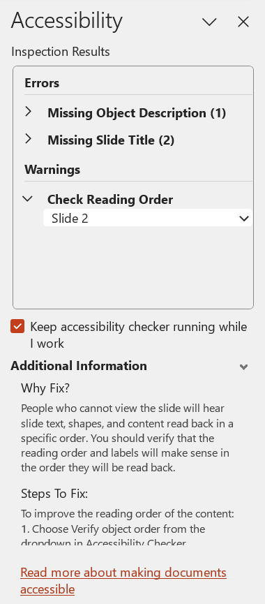 Screenshot: The 'Accessibility' pane with a list of errors and warnings and further information below.
