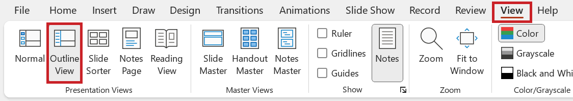 Screenshot: 'View' tab with highlighted 'Outline View' button