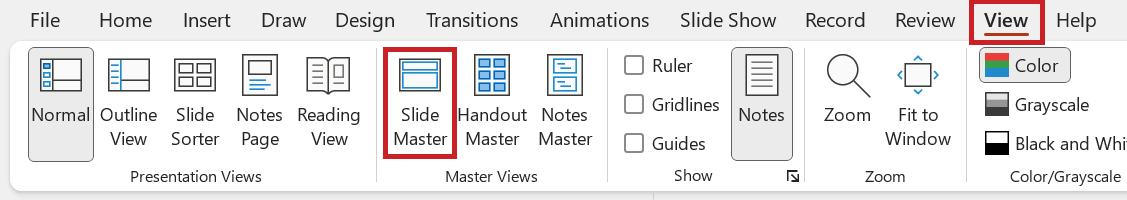 Screenshot: 'View' tab with highlighted 'Slide Master' button.