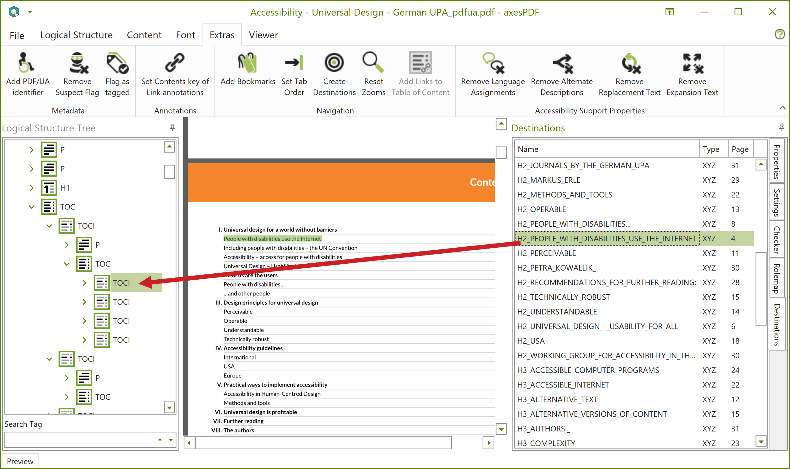 axesPDF: Destinations list with red arrow to a tag in the logical structure tree