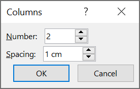 Screenshot: 'Columns' dialog box with text fields for entering 'Number' and 'Spacing'.