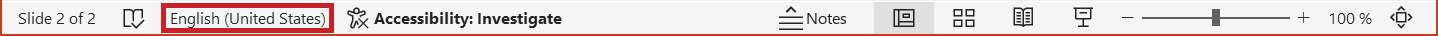 Screenshot: PowerPoint status bar with language settings highlighted