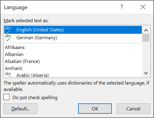Screenshot: 'Language' dialog box