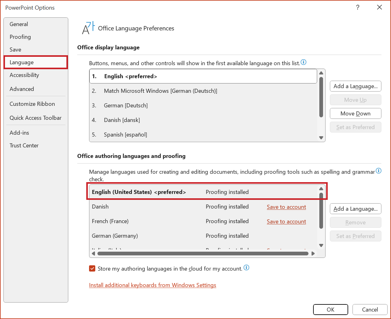 Screenshot: 'PowerPoint Options' dialog box with the 'Language' menu option selected. The authoring language 'English (United States)' is highlighted in the 'Office Language Preferences'.