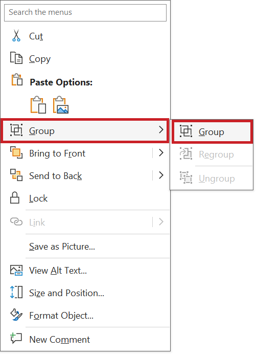 Screenshot: Context menu of several selected objects. The 'Group' menu item is selected and the 'Group' menu item of the same name is highlighted in the expanded menu.