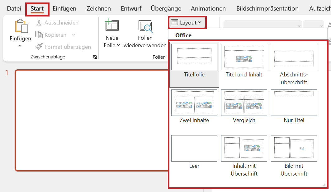 Bildschirmfoto: Auf der Registerkarte 'Start' ist die Schaltfläche 'Layout' ausgewählt. Im ausgeklappten Menü sind mehrere Layoutvorlagen.