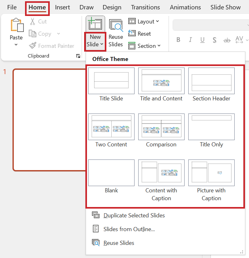 Screenshot: The 'New Slide' button is selected on the 'Home' tab. There are several layout templates in the expanded menu.