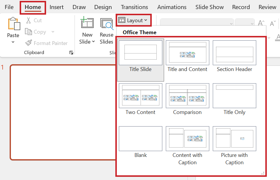 Screenshot: The 'Layout' button is selected on the 'Home' tab. There are several layout templates in the expanded menu.