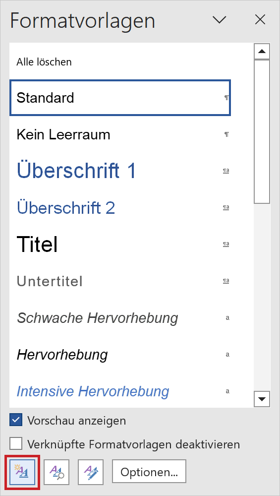 Aufgabenbereich Formatvorlagen: Schaltfläche 'Neue Formatvorlage' hervorgehoben