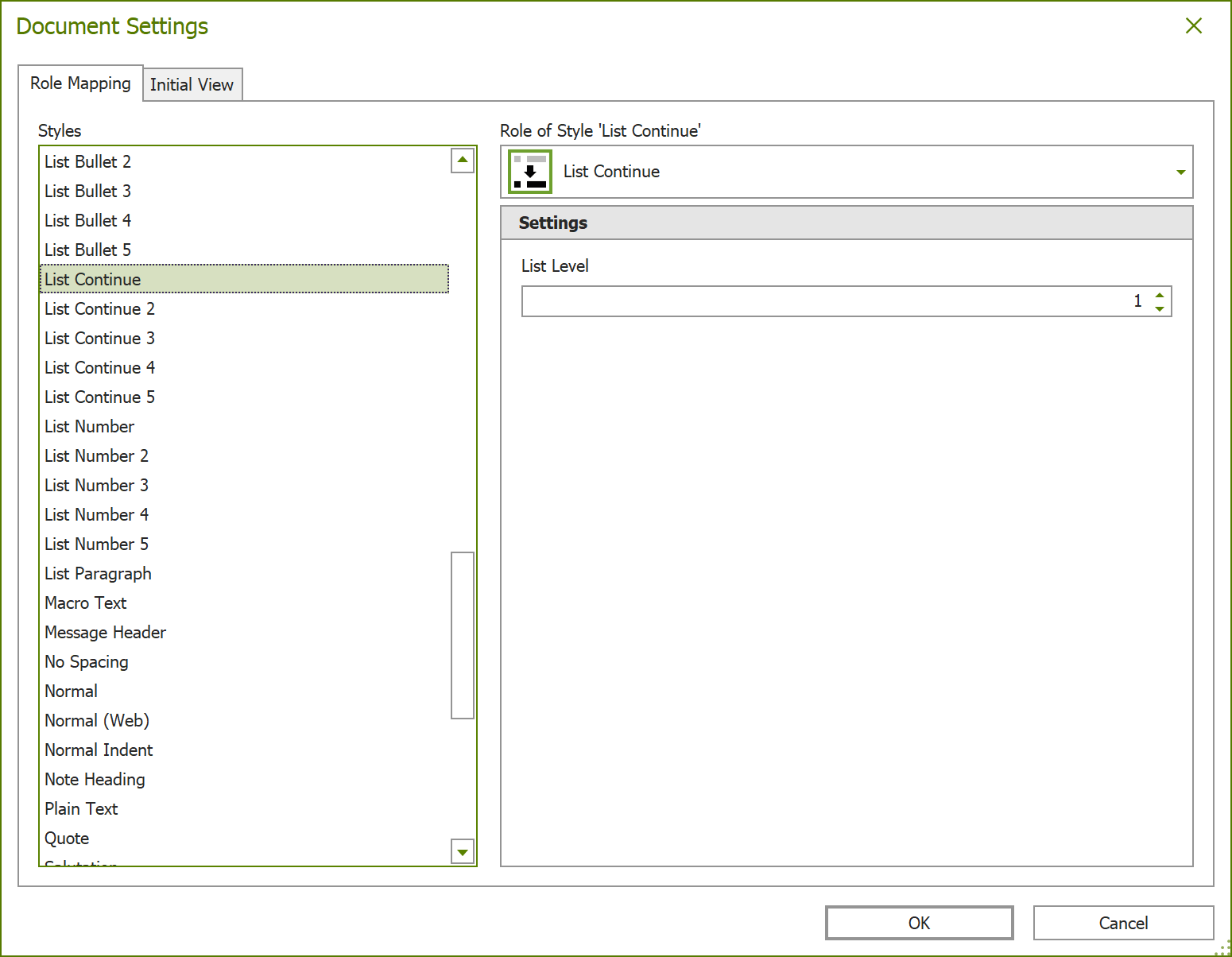 Dialogue box: Document Settings; style 'List Continue' with role 'List Continue' and 'List Lvel' 1