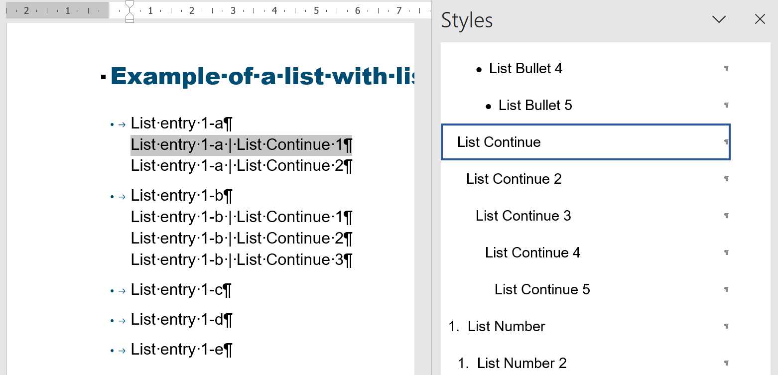 Word: List continue and task pane 'Styles'