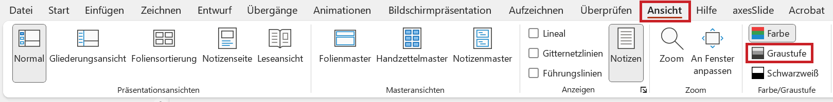 Bildschirmfoto: Die Registerkarte 'Ansicht' mit hervorgehobener Schaltfläche 'Graustufe'.
