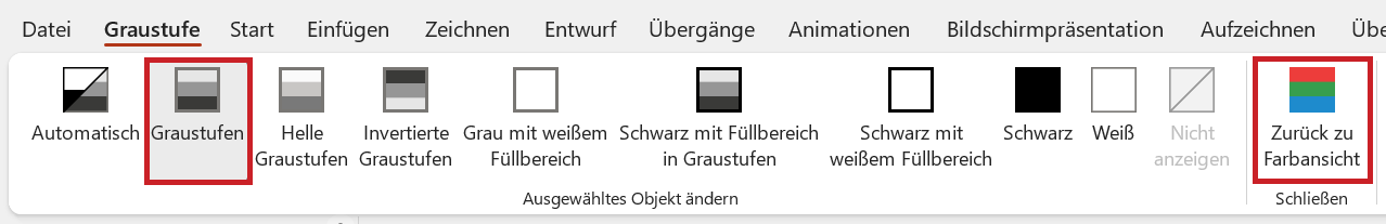 Bildschirmfoto: Die Registerkarte 'Graustufe' mit den hervorgehobenen Schaltflächen 'Graustufen' und 'Zurück zu Farbansicht'.