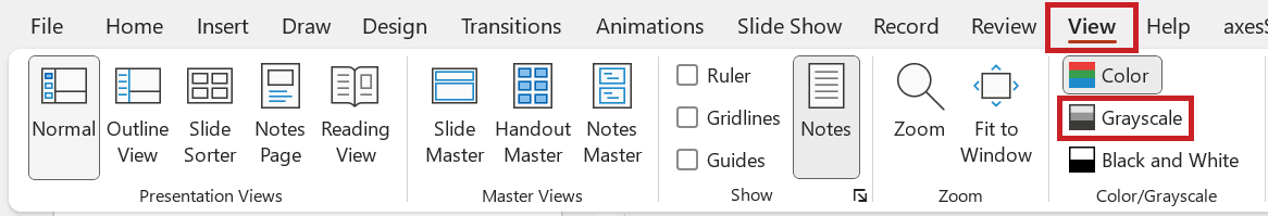 Screenshot: The 'View' tab with the 'Grayscale' button highlighted.
