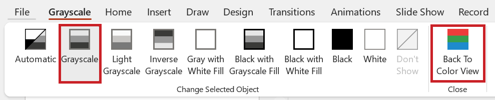 Screenshot: The 'Grayscale' tab with the highlighted 'Grayscale' and 'Back To Color View' buttons.