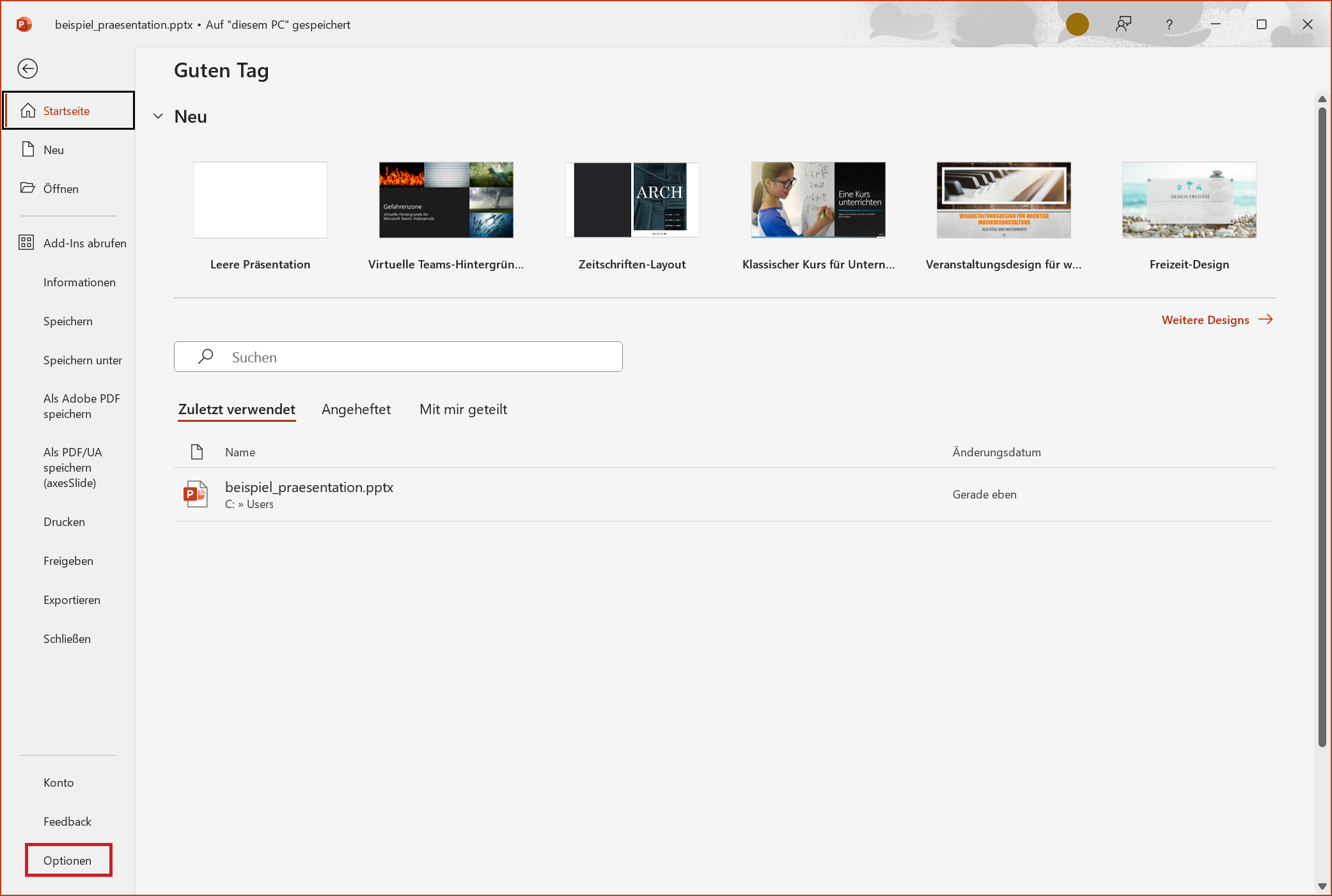 Bildschirmfoto: Die Startseite von PowerPoint. Im Menü auf der linken Seite ist der Eintrag 'Optionen' hervorgehoben.