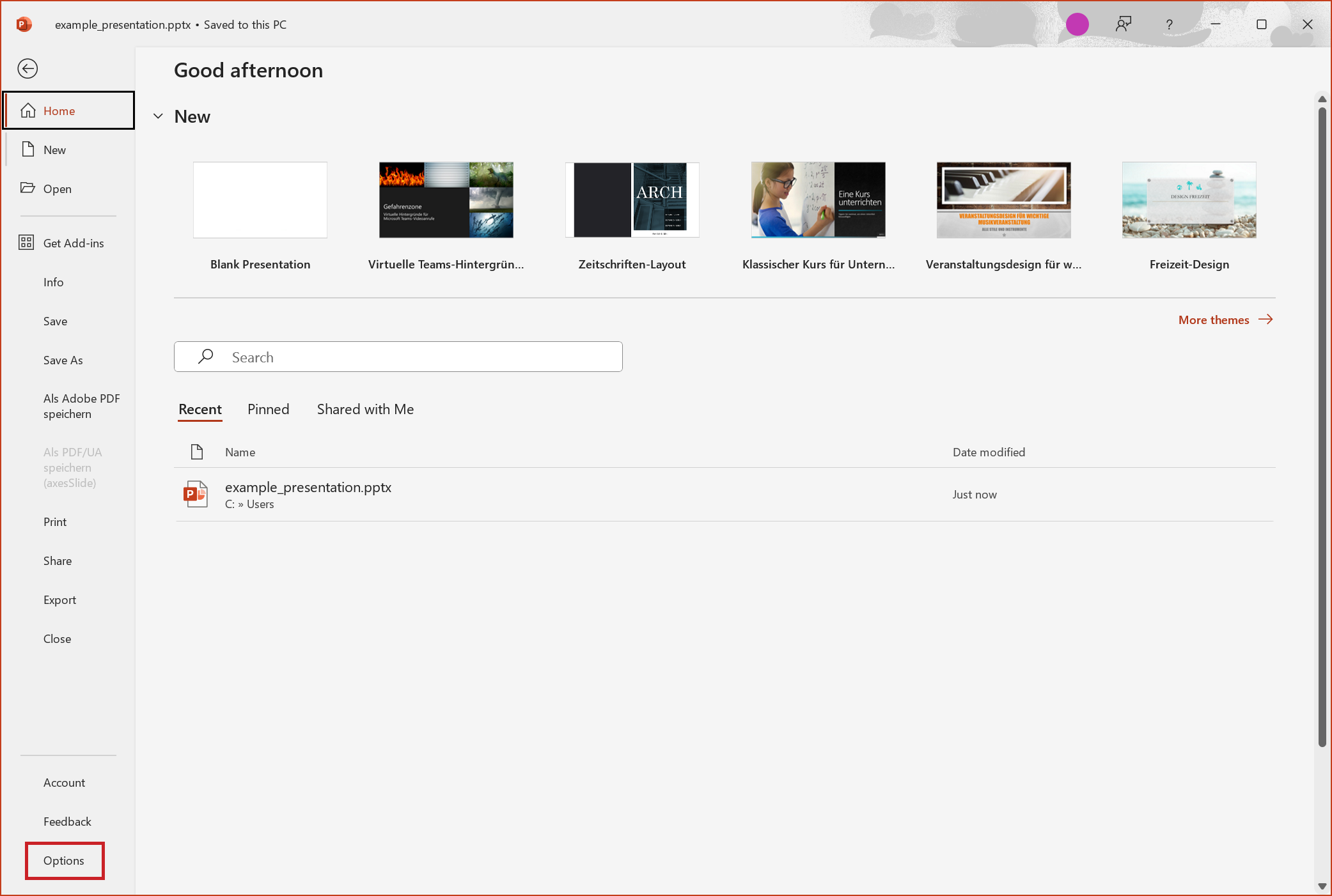 Screenshot: The PowerPoint Home window. The 'Options' entry is highlighted in the menu on the left-hand side.