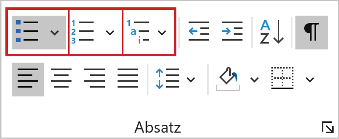 Word: Funktionsgruppe Absatz; Listenschaltflächen hervorgehoben
