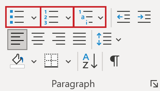 Word: Function group 'Paragraph'; List buttons highlighted