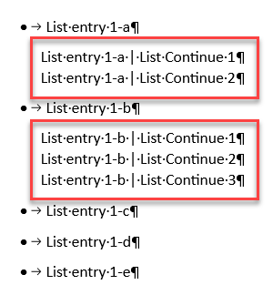In the example list, the first bulleted item is followed by two List Continue items, and the second bulleted item is followed by three List Continue items. Each set of List Continue items is circled in red.