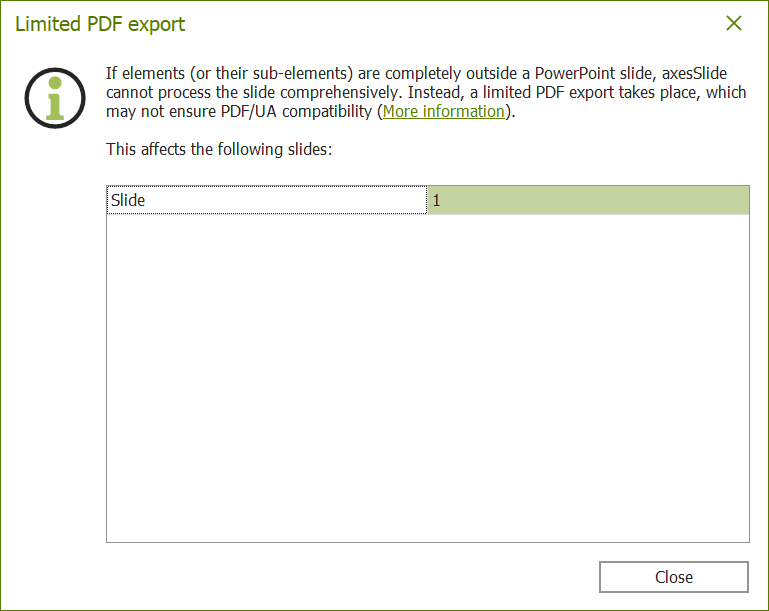 Screenshot: Dialog box for the 'Limited PDF export' message. The affected slides are listed.